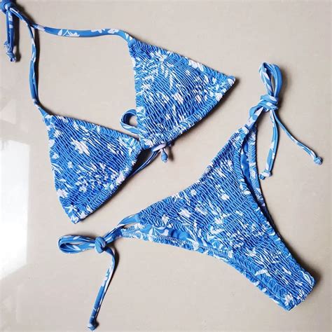 Sexy Triangle Push Up Bikini Set Brazilian String Thong Swimwear Ruched