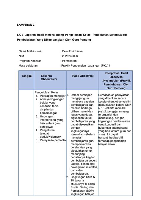 Lampiran Format Laporan Hasil Mereka Ulang Pengelolaan Kelas