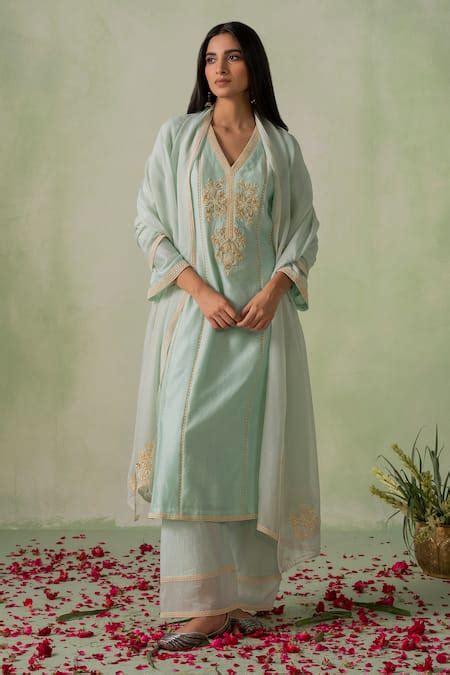 Buy Blue Kurta Chanderi Silk Embroidered Resham V Neck Work Set For