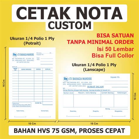 Jual Nota Custom 1 4 Folio 1 PLY Bahan HVS 75 Gsm Murah Nota Satuan