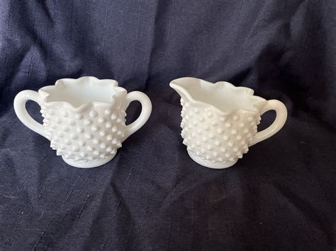 Vintage Fenton White Hobnail Milk Glass Sugar Bowl And Creamer With Ruffle Rim