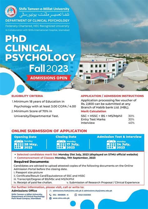 Phd Cp Phd Clinical Psychology Shifa Tameer E Millat University