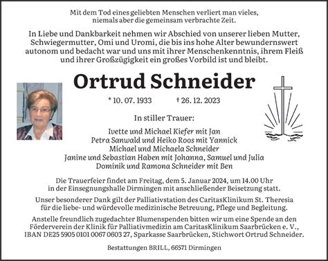 Traueranzeigen Von Ortrud Schneider Saarbruecker Zeitung Trauer De