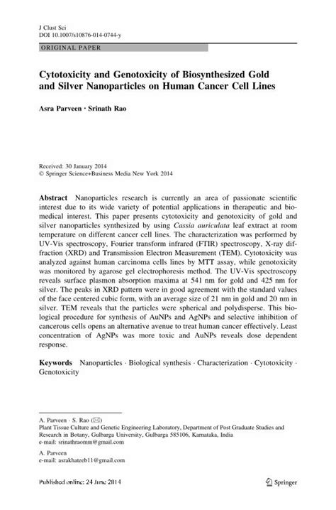 PDF Cytotoxicity And Genotoxicity Of Biosynthesized Gold And Silver