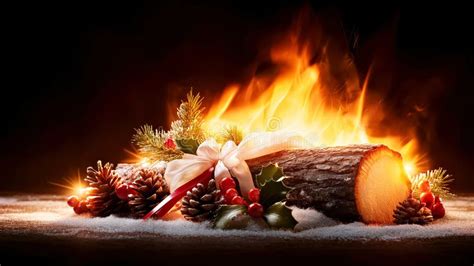 warm festive yule log  pinecones  holly berries  glowing