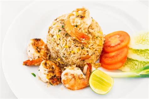 Premium Photo High Angle View Of Shrimps And Rice In Plate