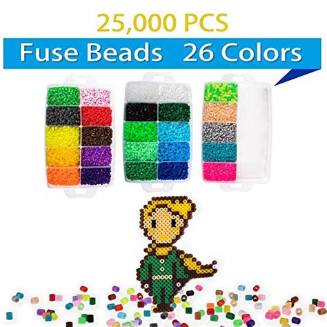 25000 Pcs Fuse Beads Kit 26 Colors 5mm Including 127 Patterns 4 Big Square 1 Heart Pegboards