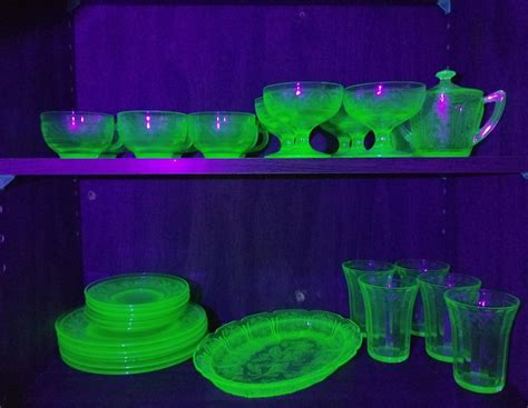 The Set Of Uranium Glass Dinnerware I Inherited Unfortunately The 6th Glass Has Been Long Gone