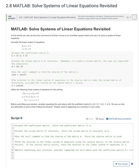 Solved 2 8 MATLAB Solve Systems Of Linear Equations Chegg