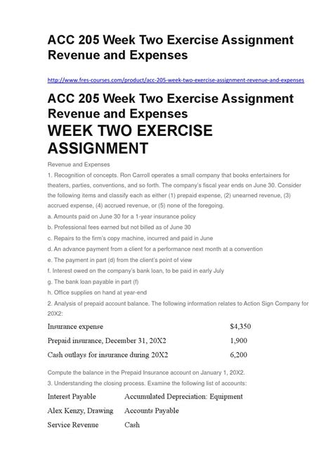 Acc 205 Week Two Exercise Assignment Revenue And Expenses By Homework