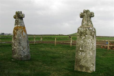 Two Stone Statues In The Middle Of A Grassy Field With Fenced In Area