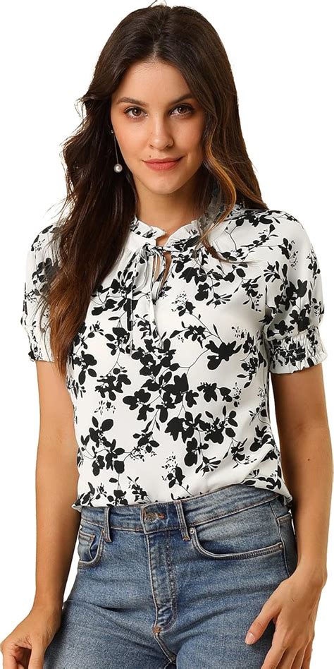 Allegra K Womens Ruffle Tie V Neck Casual Smocked Short Sleeve Floral