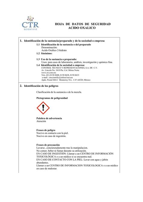 Acido Ox Lico Msds