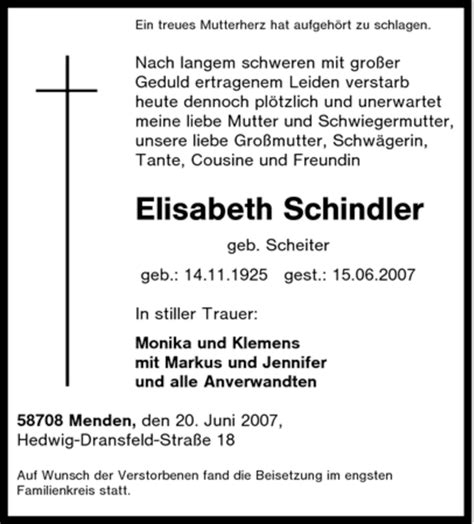 Traueranzeigen Von Elisabeth Schindler Trauer In Nrw De