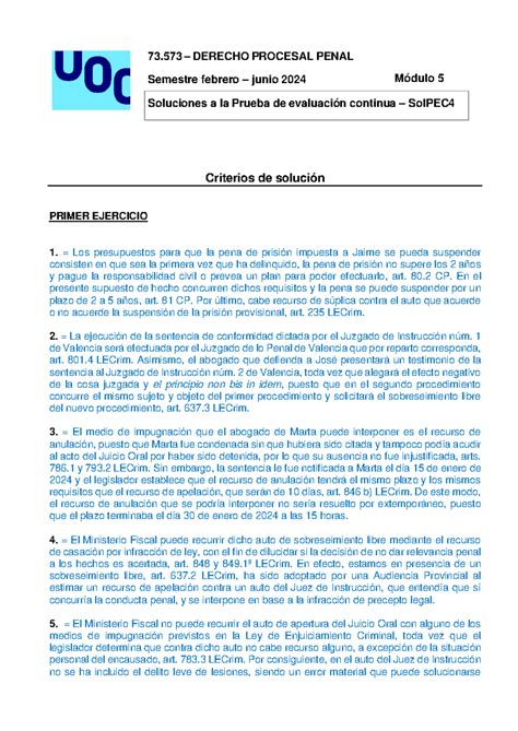 Solpec 4 Solución PEC 4 73 DERECHO PROCESAL PENAL Semestre