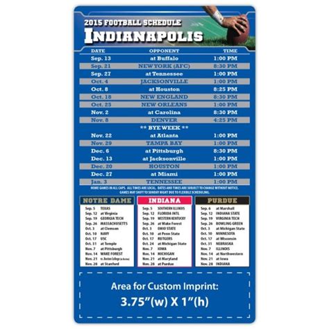 Indianapolis Colts Pro Football Schedule Magnets 4 X 7 Custom Magnets