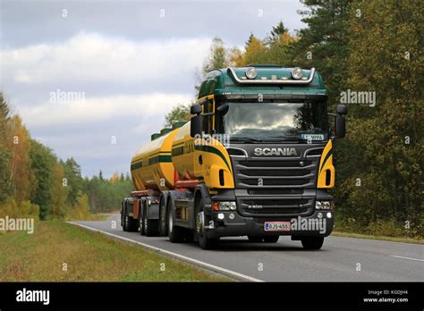 SALO FINLAND OCTOBER 4 2015 Scania R500 V8 Tank Truck On The Road