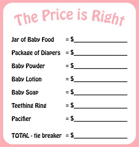 Diy Baby Shower Game Price Is Right Printable