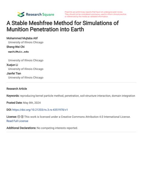 PDF A Stable Meshfree Method For Simulations Of Munition Penetration