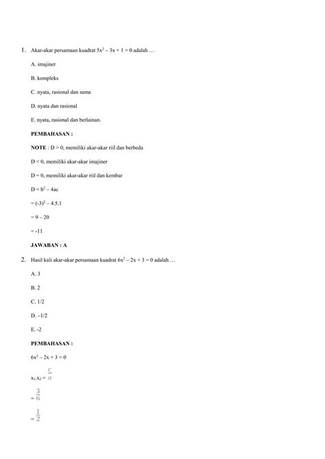 Soal Soal Persamaan Kuadrat Dan Fungsi Kuadrat Pdf