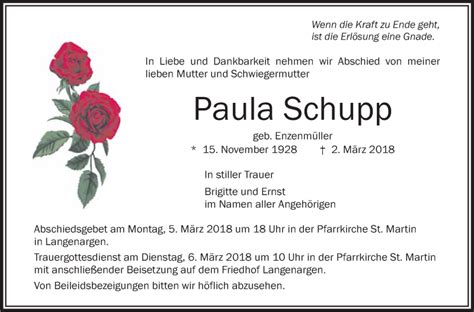 Traueranzeigen Von Paula Schupp Schwaebische De Trauerportal