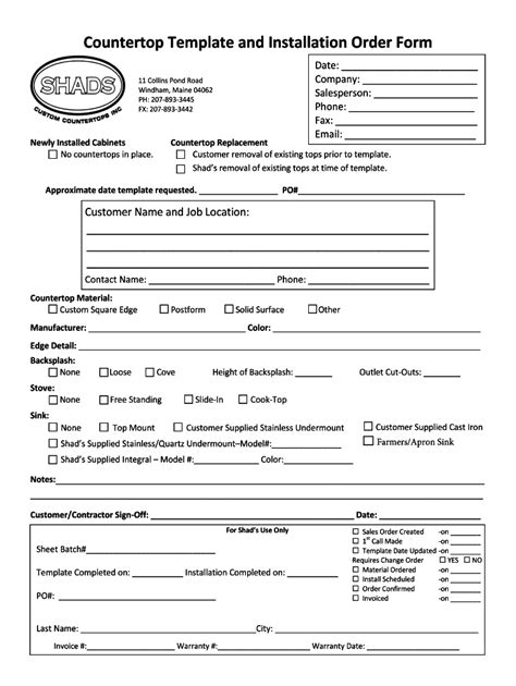 Fillable Online Countertop Template And Installation Order Form Fax