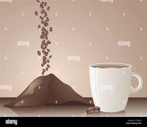 An Illustration Of Tumbling Coffee Beans Powder And A Hot Drink On A