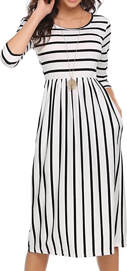 Halife Womens 3 4 Sleeve Stripe Elastic Waist Casual Dress With Pocket