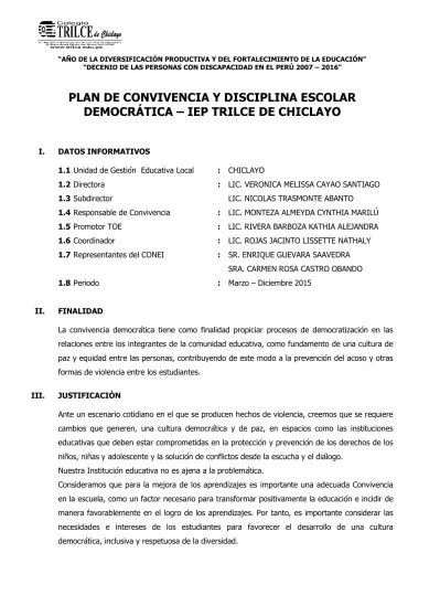 PLAN DE CONVIVENCIA Y DISCIPLINA ESCOLAR DEMOCRÁTICA IEP TRILCE DE CHICLAYO