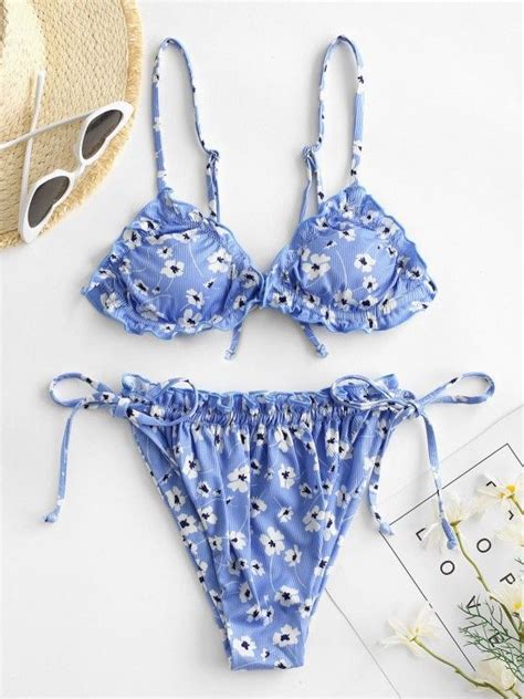 [27 Off] 2021 Zaful Floral Ribbed Frilled String Bikini Swimwear In