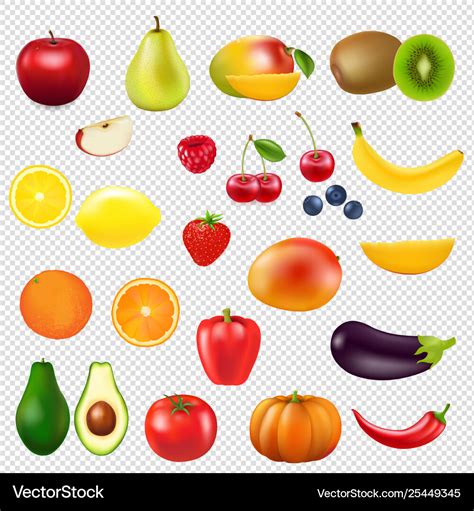 Collection fresh fruit transparent background Vector Image