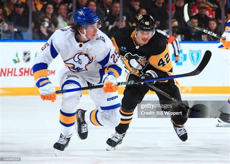 Owen Power Of The Buffalo Sabres Skates Against Kasperi Kapanen Of