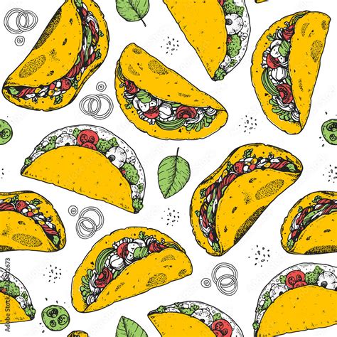 Tacos Seamless Pattern Hand Drawn Illustration Mexican Cuisine Fast