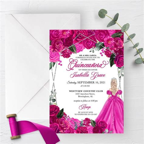 Invitación EDITABLE Elegante Invitación a Quinceañera Floral Rosa