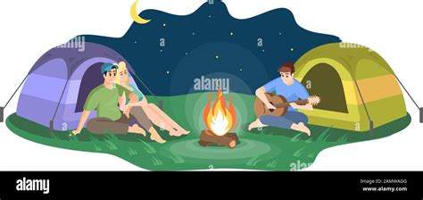 Noche Camping Plano Vector Ilustraci N Pareja Feliz Y Hombre Tocando