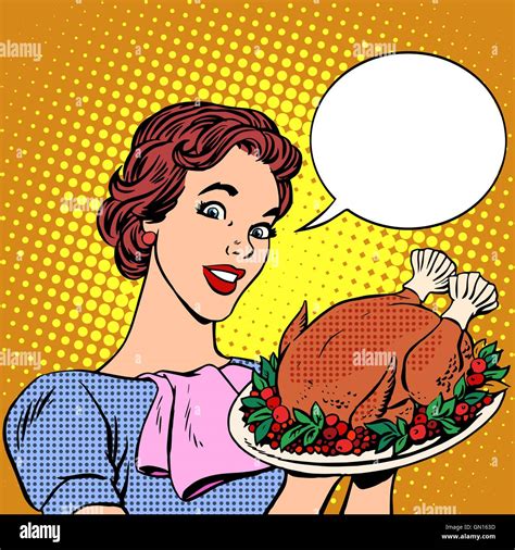 Vintage Woman Cooking Turkey Stock Vector Images Alamy