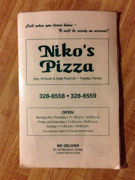 Menu at Niko's Pizza pizzeria, Palatka, 804 FL-19