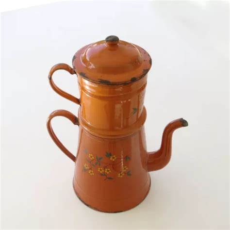 TRÈS GRAND CAFETIÈRE en tôle émaillée très ancienne orange peinte main