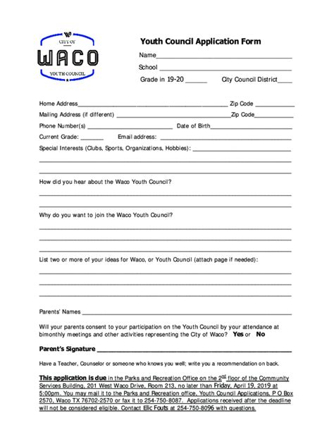 Fillable Online Youth Council Application Form City Of Waco Texas