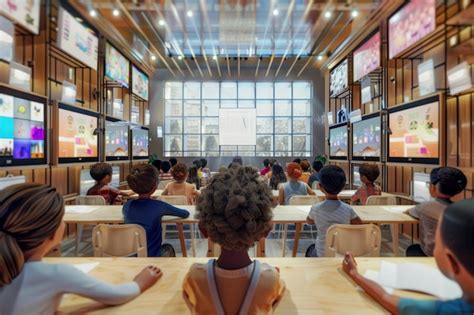 A Group Of Diverse Children Sitting At A Table Watching Televisions In