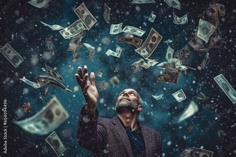 Happy Successful Man Standing Under Money Rain A Lot Of Dollar