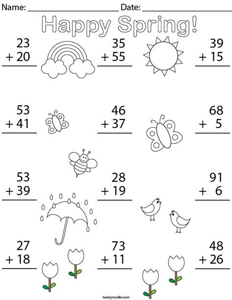 Spring Double Digit Addition Math Worksheet Twisty Noodle