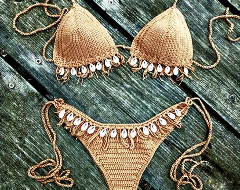 Crochet Bikini Set Tan Bronze With Natural Seashells Can Be Made In Any Color Etsy