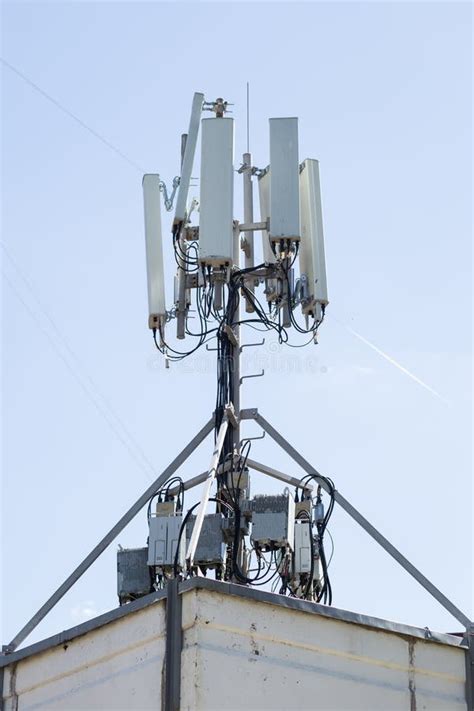 Telecommunication Tower With Antennas And Transmitters On The Roof Stock Image Image Of Mobile