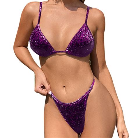 Thong Bikini två delar baddräkt för kvinnor Triangel Top Purple L af67