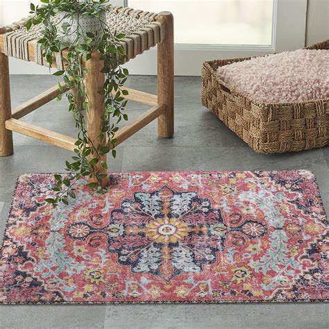 Lahome Bohemian Floral Medallion Area Rug X Small Hot Pink Bath Rug