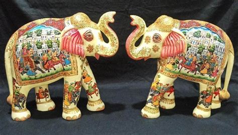 Shrinath Art Gallery Hand Painted Wooden Elephant With Mughal Work For