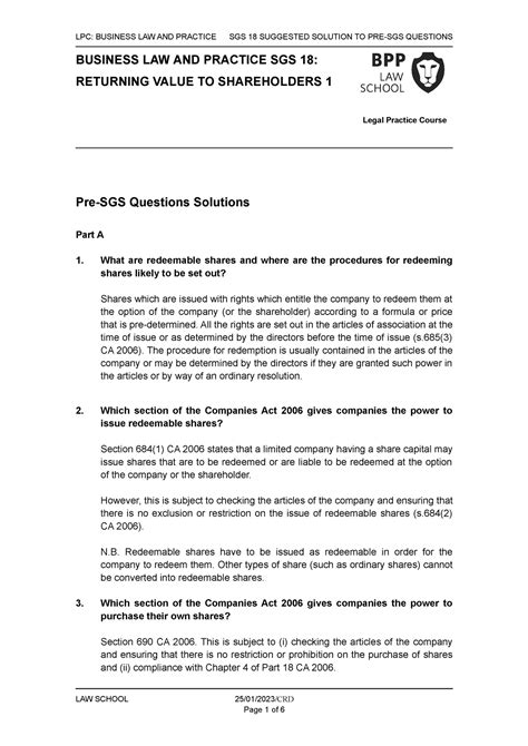 BLP SGS 18 Solutions To Pre SGS Questions LPC BUSINESS LAW AND