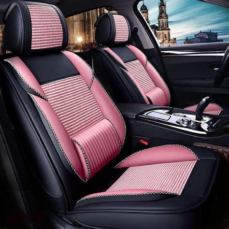 Car Seat Cover Full Set Universal Seat Cover 5seats Leather Ice Silk Black Pink Ebay