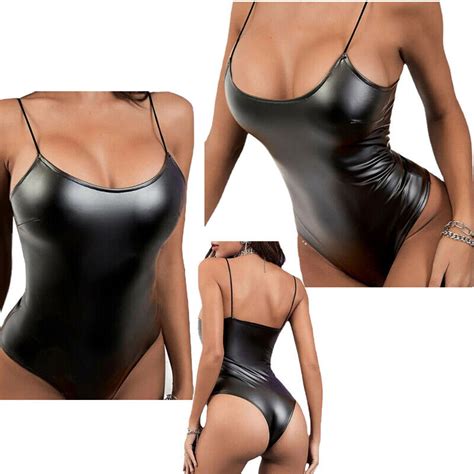 Us Sexy Womens Wet Look Leather High Cut Thong Bodycon Plunging Leotard